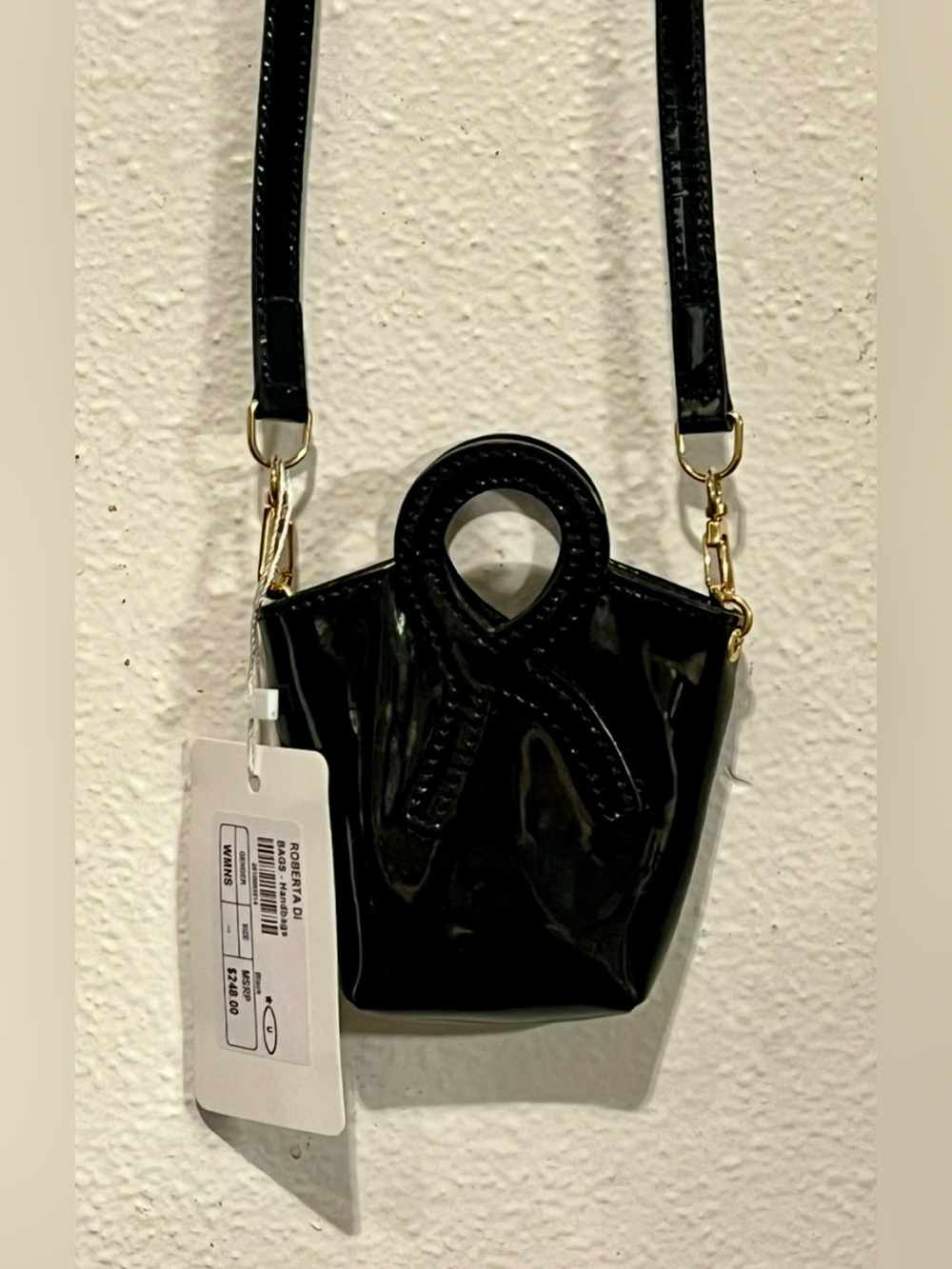 $248 NWT Roberta di Camerino Black Patent Glossy Mini Bucket Bag Micro Crossbody - Picture 16 of 16